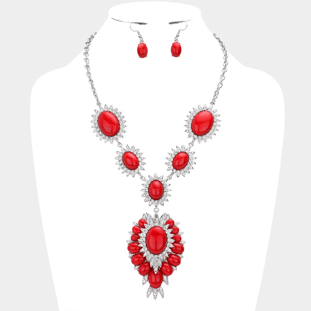 Natural Oval Stone Accented Link Necklace Earring Set